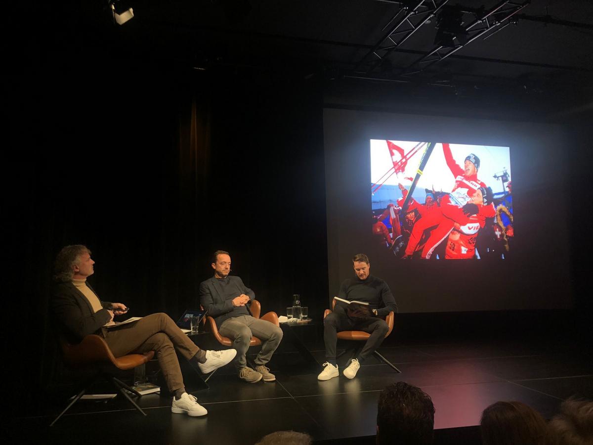 Dario Cologna, Stephan Kaufmann und Peter Röthlisberger im Kulturplatz Davos
